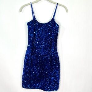 Lucy In The Sky Royal Blue Sequin Bodycon Dress Adjustable Straps Sz XS